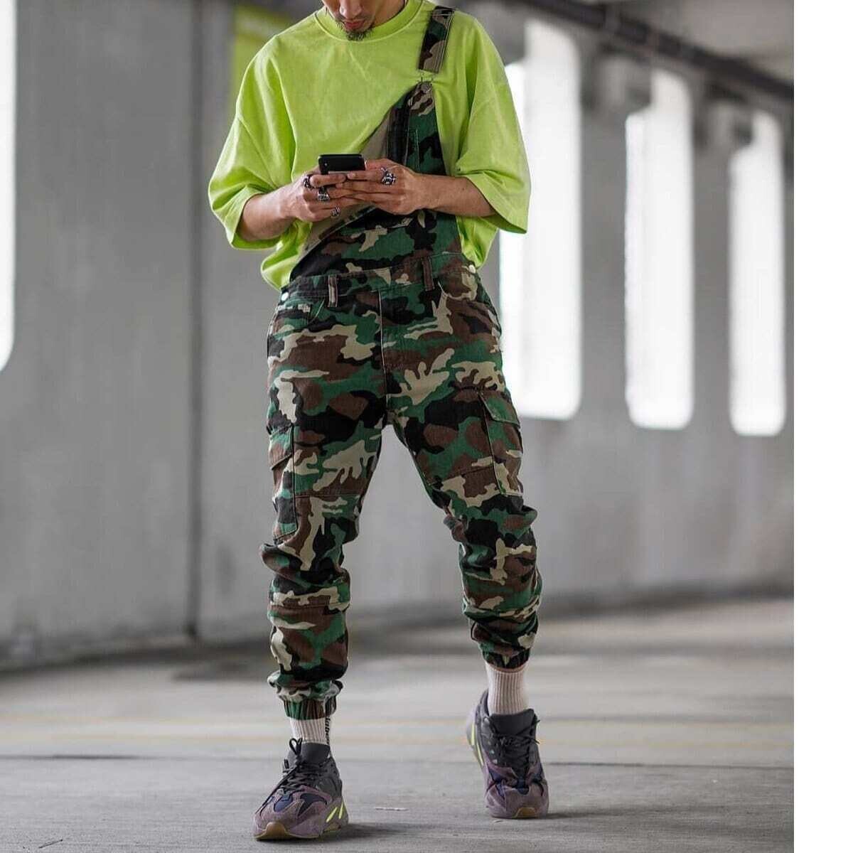 ICCLEK men's straight-leg camo cargo overalls (Plus Size Available)