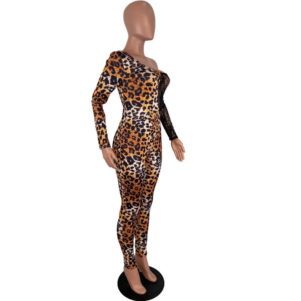 Leopard Print Sheer Mesh Night Club Party Jumpsuits Women Sexy Slash Neck Off Shoulder Long Sleeve Romper Female Outfits