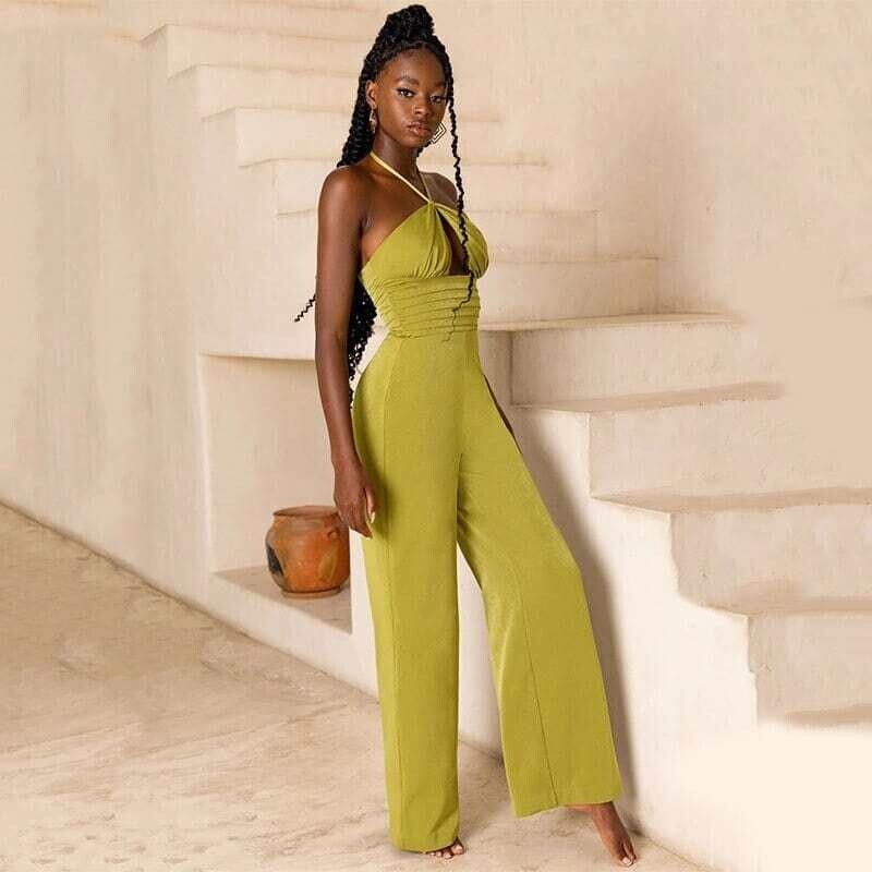 FQLWL: Women's Hollow Out Halter Backless Outfits Women Wide Leg Bodycon Jumpsuits