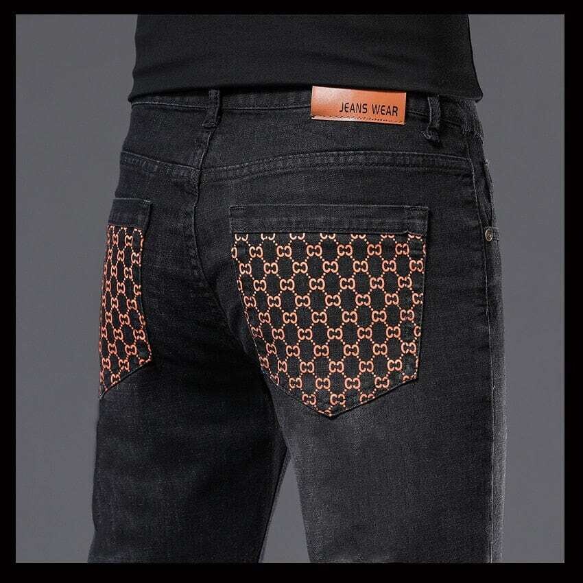 Men's Fashion Jeans Black Print Denim Trousers Biker