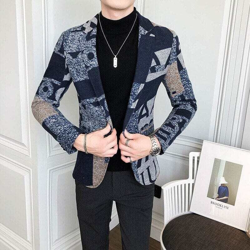 Men's Letter Print Wool Woloen Casual Suit Jacket Slim Fit