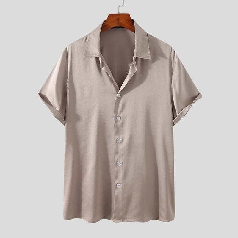 INCERUN: Men's Solid Color Lapel Short Sleeve Gloss Streetwear Shirt