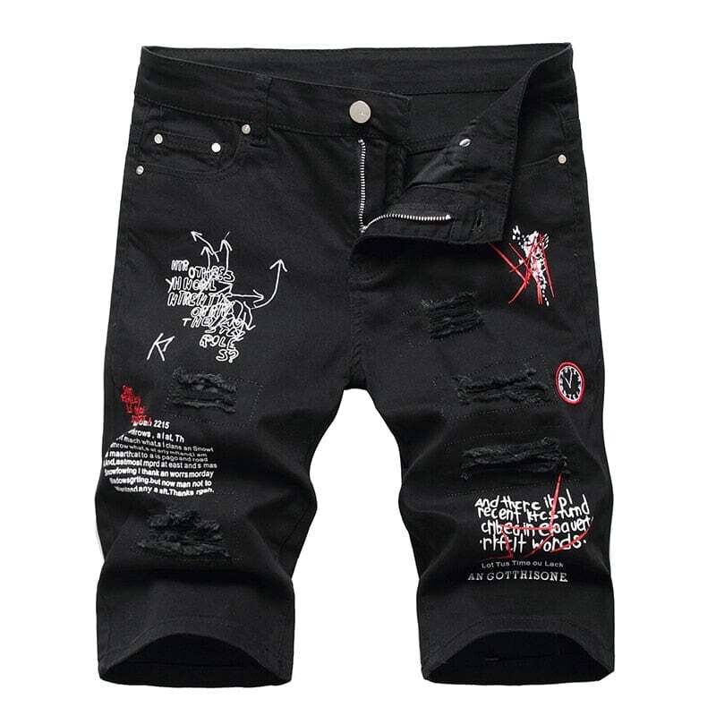 Men's Letters Printed Embroidery Denim Shorts Summer Holes Ripped Jeans Slim Stretch Breeches Black White