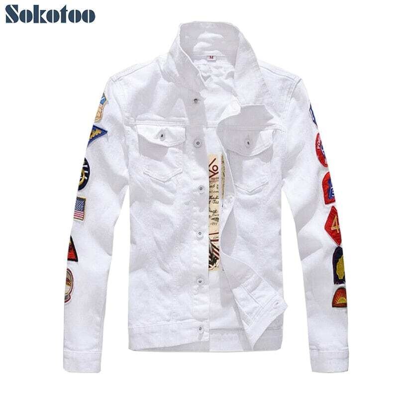 Sokotoo Men's Patches Design Slim Fit Denim Jacket White Army Green Patchwork Coat Outerwear for Man