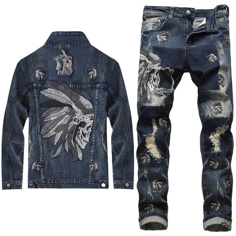Men's Embroidered Stretch Denim Blue Jacket and Hole Jeans