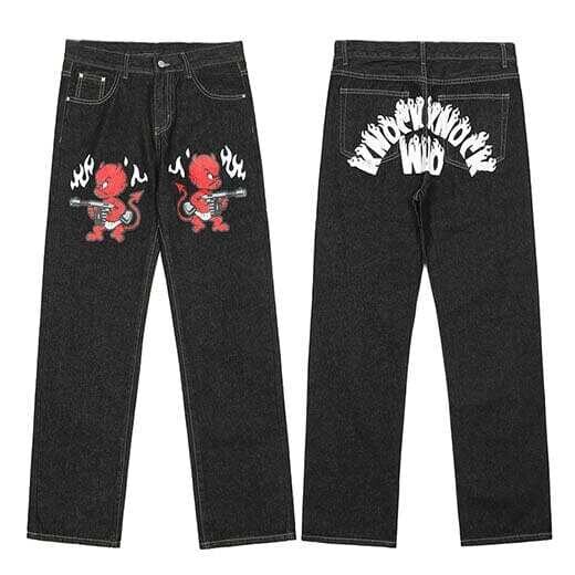 Tiny Spark: Men's  Evil Devil Gun Printed Denim  Harajuku Cotton Joggers Jeans Harem Pants