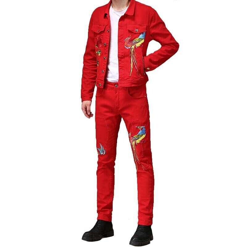 Pgfatguy: Men's Embroidery Red Phoenix Denim Jacket and Jeans Two Pieces Suit Casual Slim Stretch Male Set