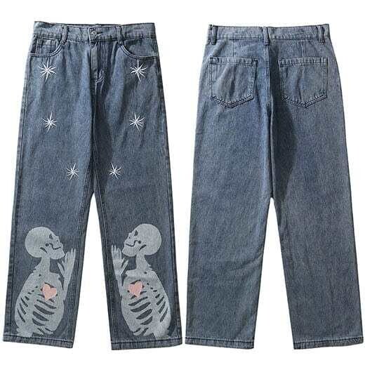 Men's Heart Skeleton Denim Pants Embroidery Harajuku Cotton Joggers Jeans Harem Pants