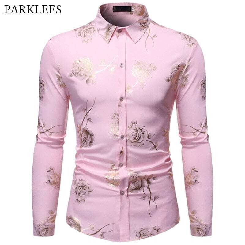 PARKLEES: Men's Gold Rose Floral Print Steampunk Dress Shirts Long Sleeve Pink