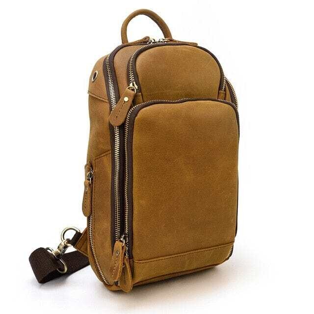 Men's Genuine Leather Chest Bag Vintage Cow Leather USB Charging Travel Sling Shoulder Bags