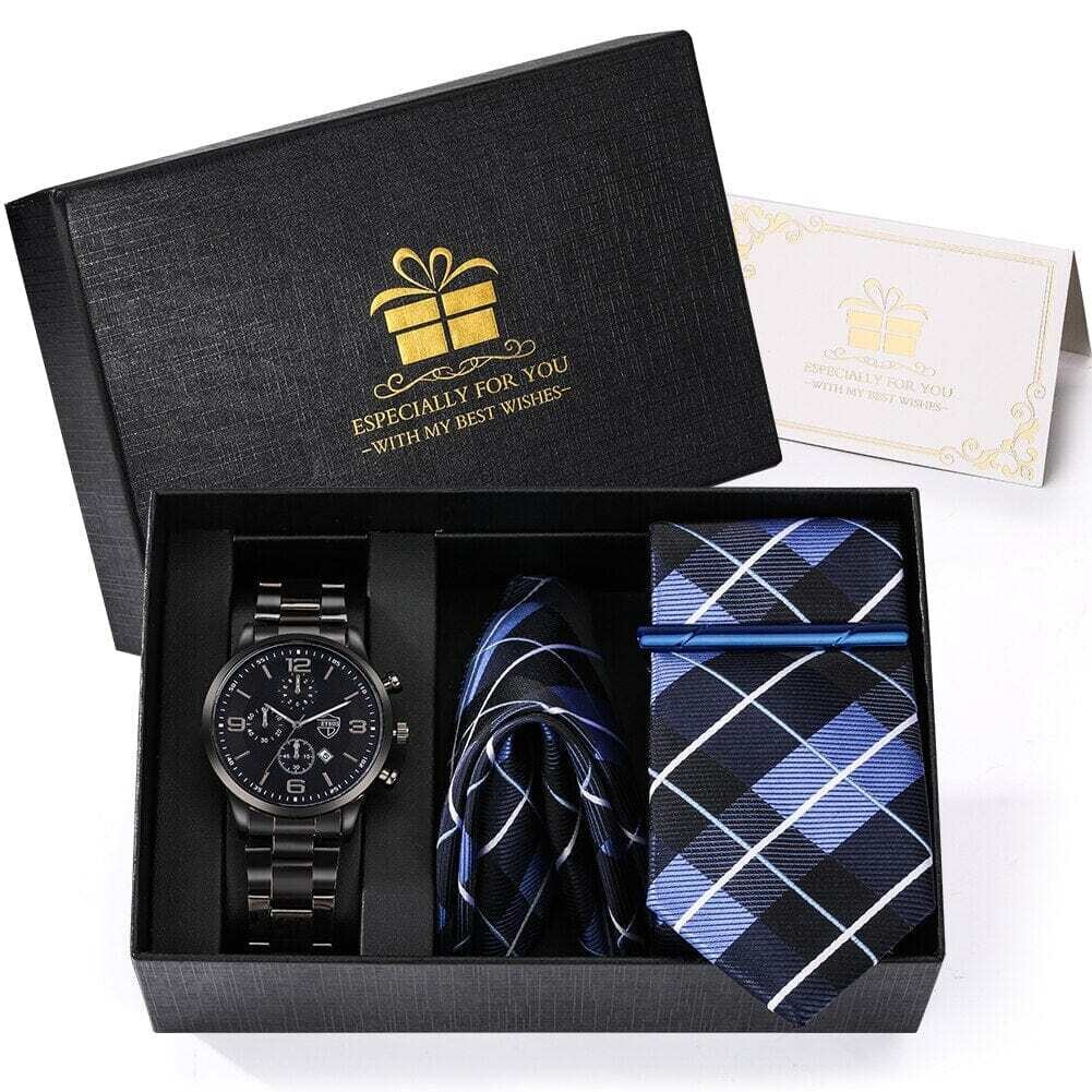 Fashion Tie Watch Set Men Silver Classic Quartz Watch Man's Blue Plaid Square Scarf Neck Ties Kit Luxury Gifts With Box for Male