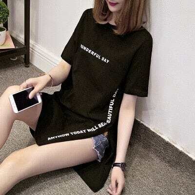 AOWOFS: Women's Plus Size WONDERFUL DAY Print Long Loose Slit Cotton T-shirt