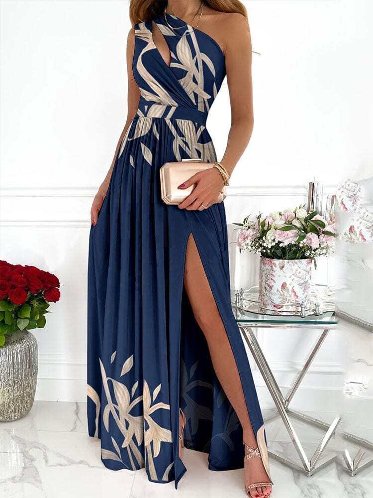 Ninimour: Women's Fashion One Shoulder Sleeveless Long Dress Floral Print High Slit Cutout Maxi Dress