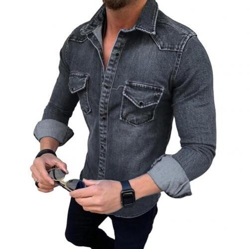Men's Long Sleeve Denim Two Pockets Slim Elastic Jean Shirts