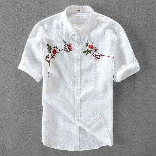 Men's New Linen Embroidery Flax Short Sleeve White Shirt