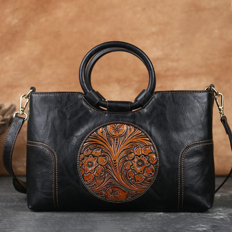 Motaora: Women's Retro Handmade Embossed Leather Shoulder Bag