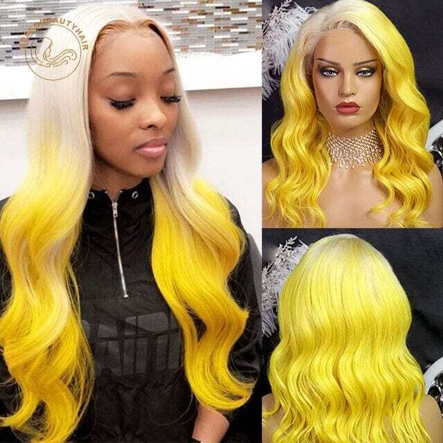 Lace Frontal  Stripe Ombre Blonde Yellow Wavy Brazilian Human Hair Wigs