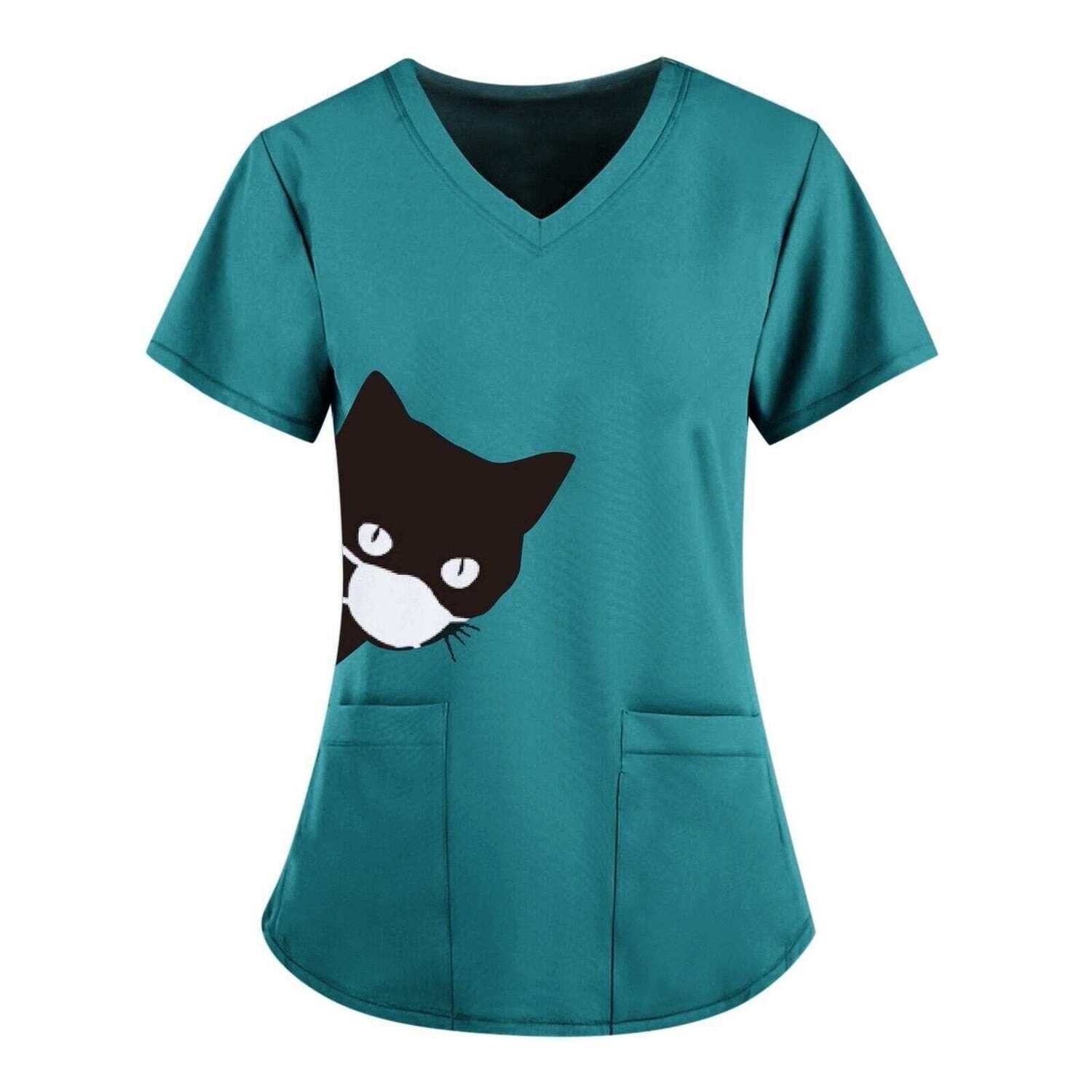 Unisex Working Uniform Black Cat Print Pocket Blouse Nurse Uniform Women Short Sleeve V-neck Scrub Tops Healthcare Carer Tunic