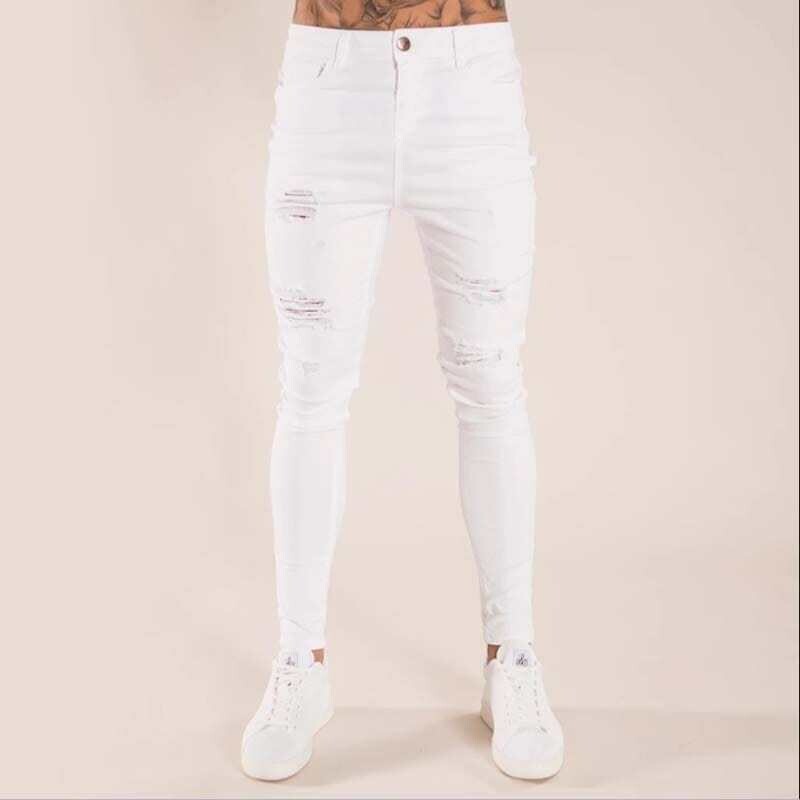 Men's Slim White Jeans Fashion Ripped Holes Skinny Destroyed Denim Pants