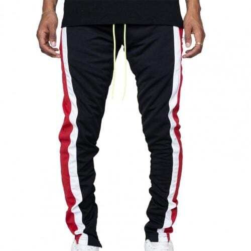 Men's Contrast Color Red Drawstring Zipper Pocket Sweatpants Sports Trousers Skinny Pants