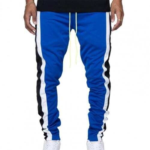 Men's Contrast Color Blue Drawstring Zipper Pocket Sweatpants Sports Trousers Skinny Pants