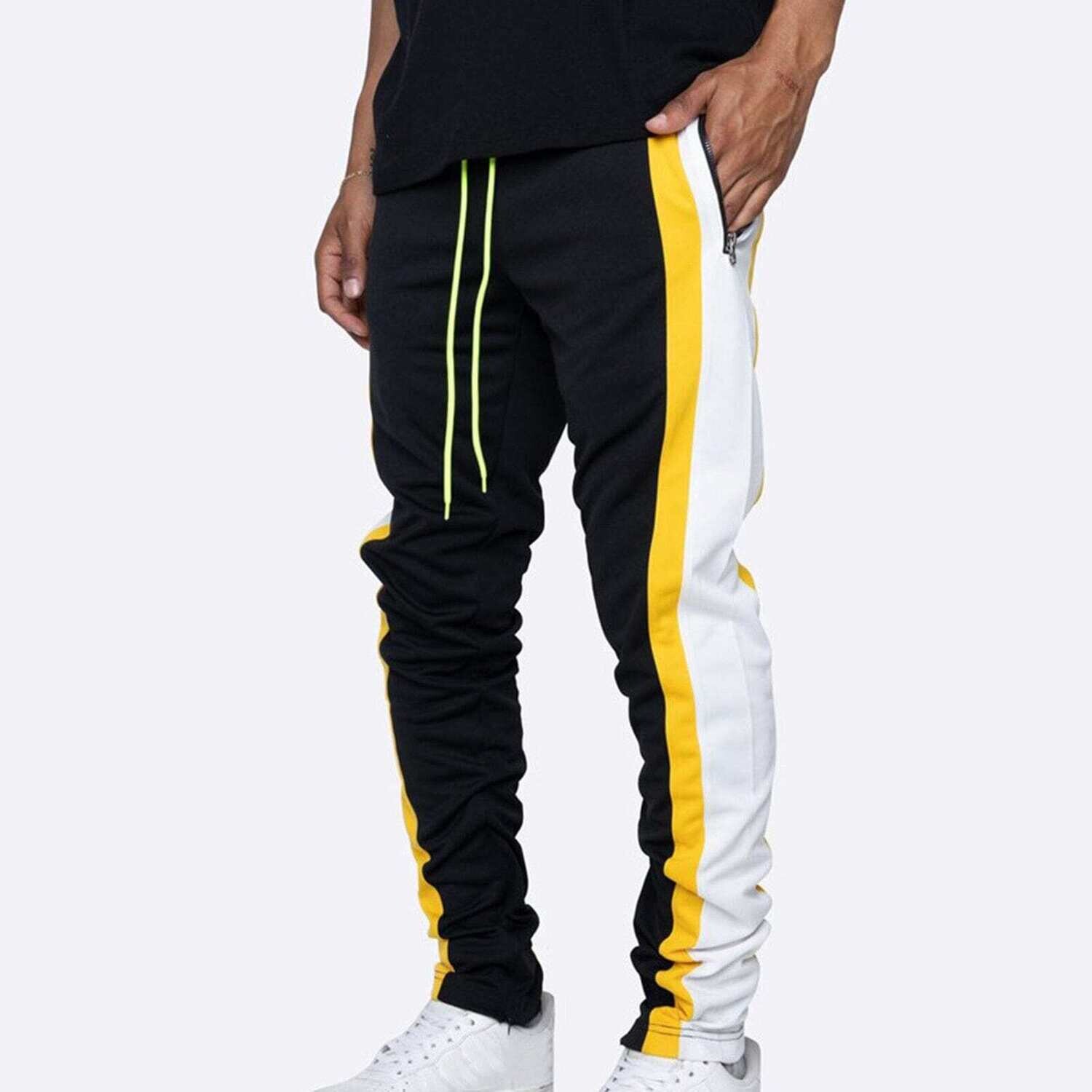 Men's Contrast Color Yellow Drawstring Zipper Pocket Sweatpants Sports Trousers Skinny Pants