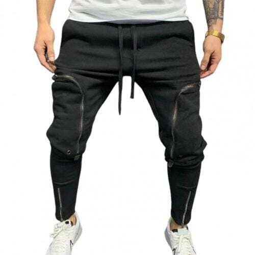 Hip Hop Style Men Harem Pants Solid Color Drawstring Casual Multi-Zipper Pockets