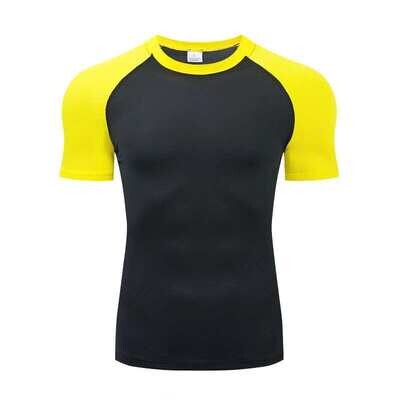 Compression Fitness Shirts Men's Yellow Color Block Quick-Dry Running T-Shirt