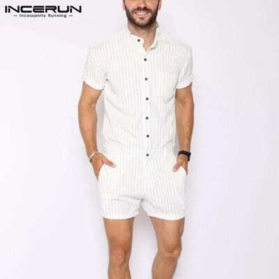 INCERUN Men's Striped Jumpsuits Buttons Shorts Bib Pants Suspenders 5XL7
