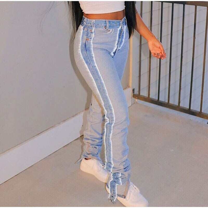 Plus Size Patchworked Inside-Out Stacked Flare Jeans Women High Waist Slim Pockets Demin Pants Autumn Streetwear Long Trousers