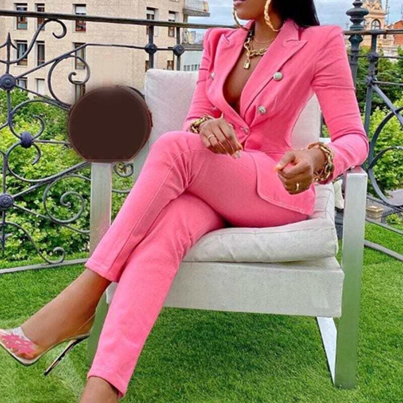 Pink Women Two-Piece Set Jacket Pants Suit Straight Trousers