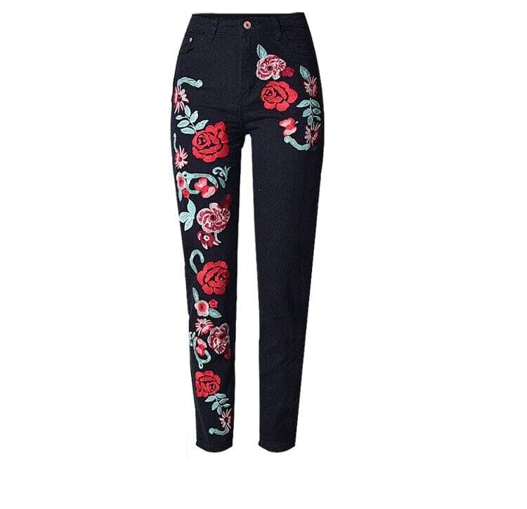 Black Beauty Rose Flower Embroidered Jeans For Women Plus Size High Waist Boyfriend Jeans Woman Loose Straight Denim Pants