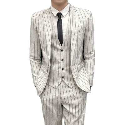 Boutique Men's Striped Linen Business Suit 3Piece Set Groom 