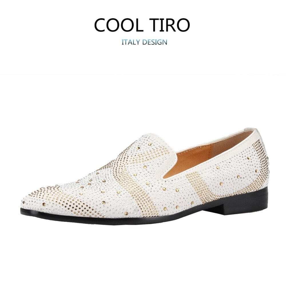 Cool Tiro White suede leather formal rhinestones Flats Mens Casual Wedding dress man Loafers shoes Moccasins Business Party shoe