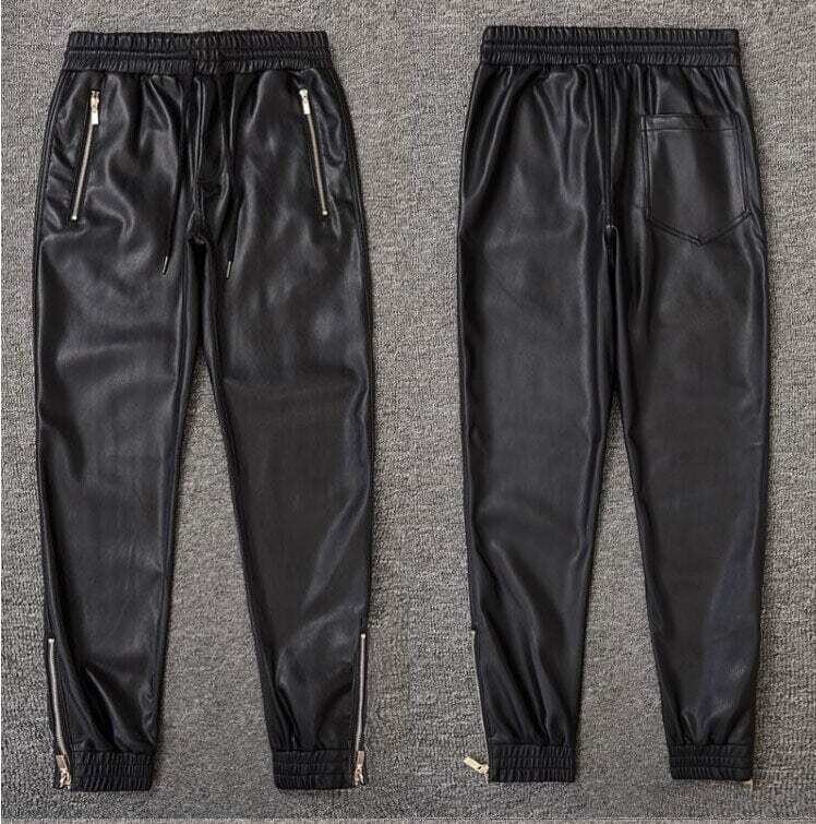 TSINGYI Moto Elastic Waist Faux Leather Pants Men Joggers