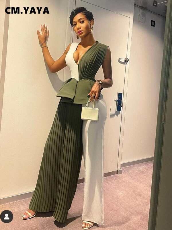 CM.YAYA Women Patchwork Pleated V-neck Wide Leg Sleeveless Jumpsuit for 2022 Summer Party