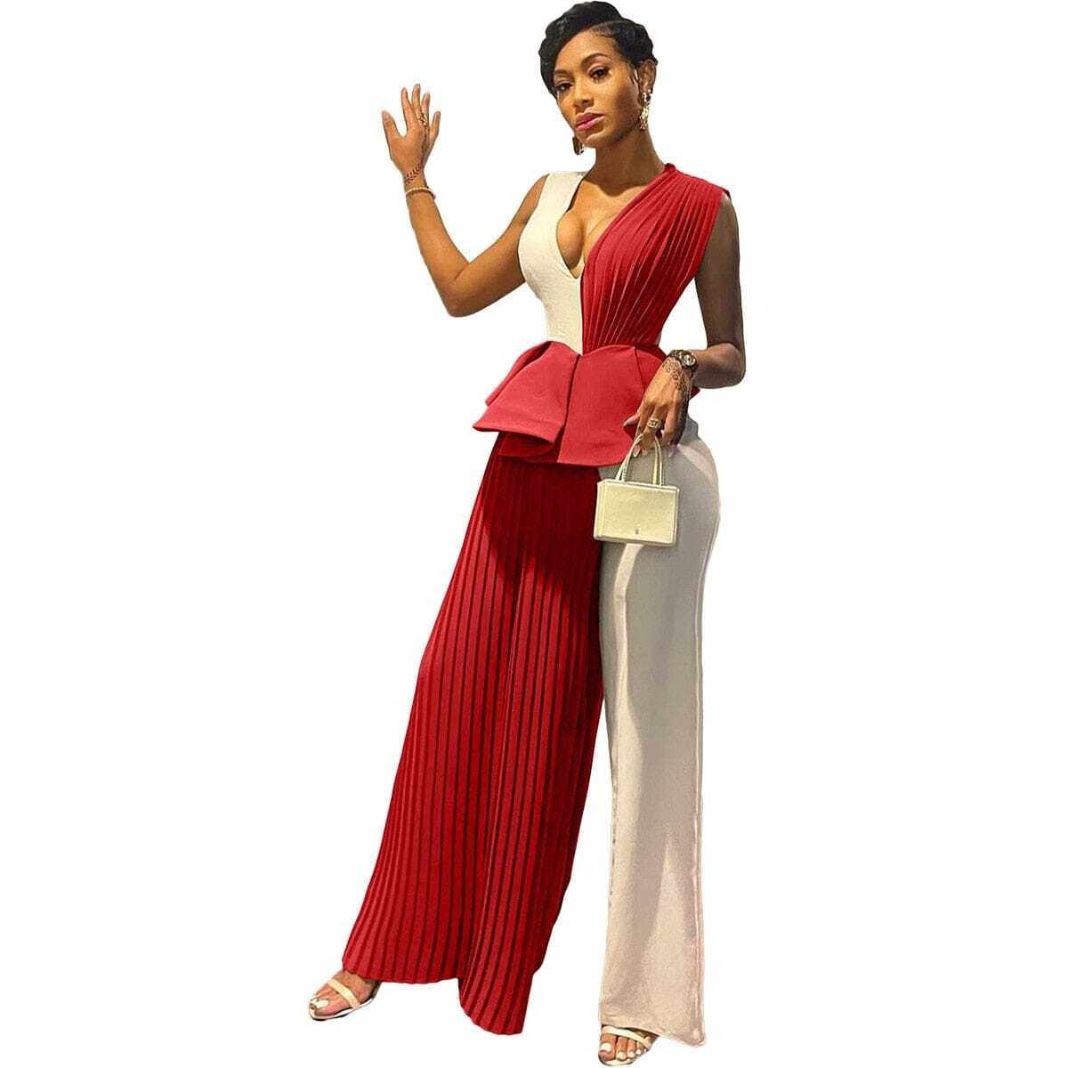 CM.YAYA Women Patchwork Pleated V-neck Wide Leg Sleeveless Jumpsuit for 2022 Summer Party