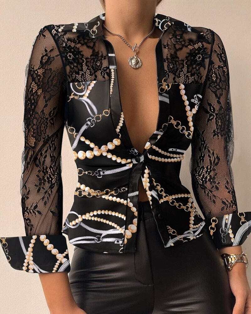 Women Chain Print Contrast Lace Button Down Satin Shirt Tops Long Sleeve Mock Neck Skinny Blouse