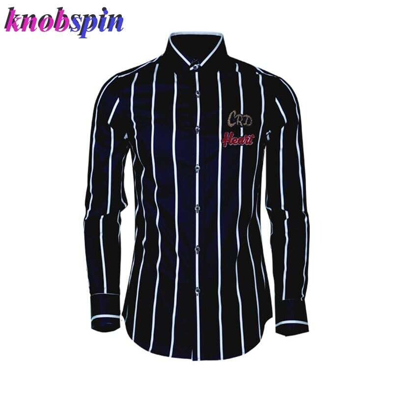 Classic Black White Striped Shirt men Letters Embroidery Slim Casual Shirts