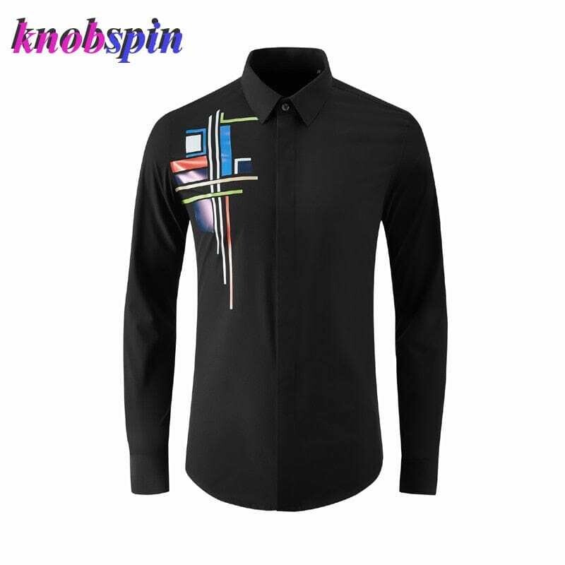 Plus-size men's printed casual slim long-sleeve business dress shirts