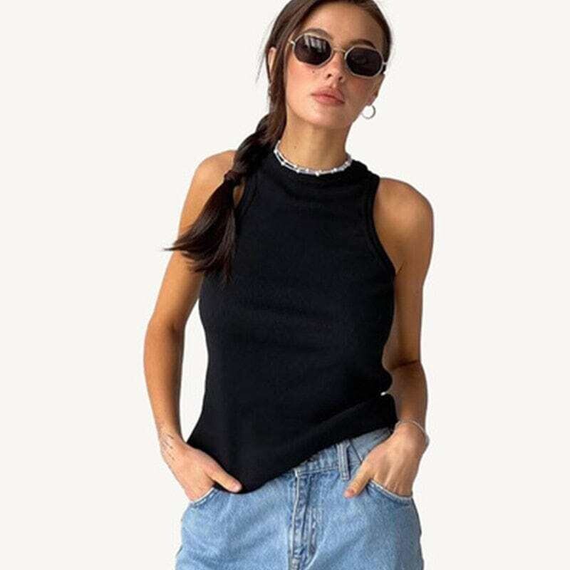 Ribbed Knitted Basic Shirts White Black Off Shoulder  Women's Tank Top