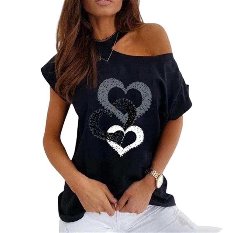 Summer Heart Print T-shirt Women Sexy Off-Shoulder Tops 