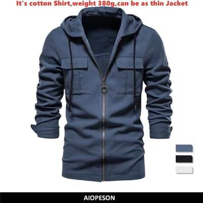 100% Cotton Hooded Shirt  Long Sleeve Casual Pocket Slim Fit Retro Zipper Shirts