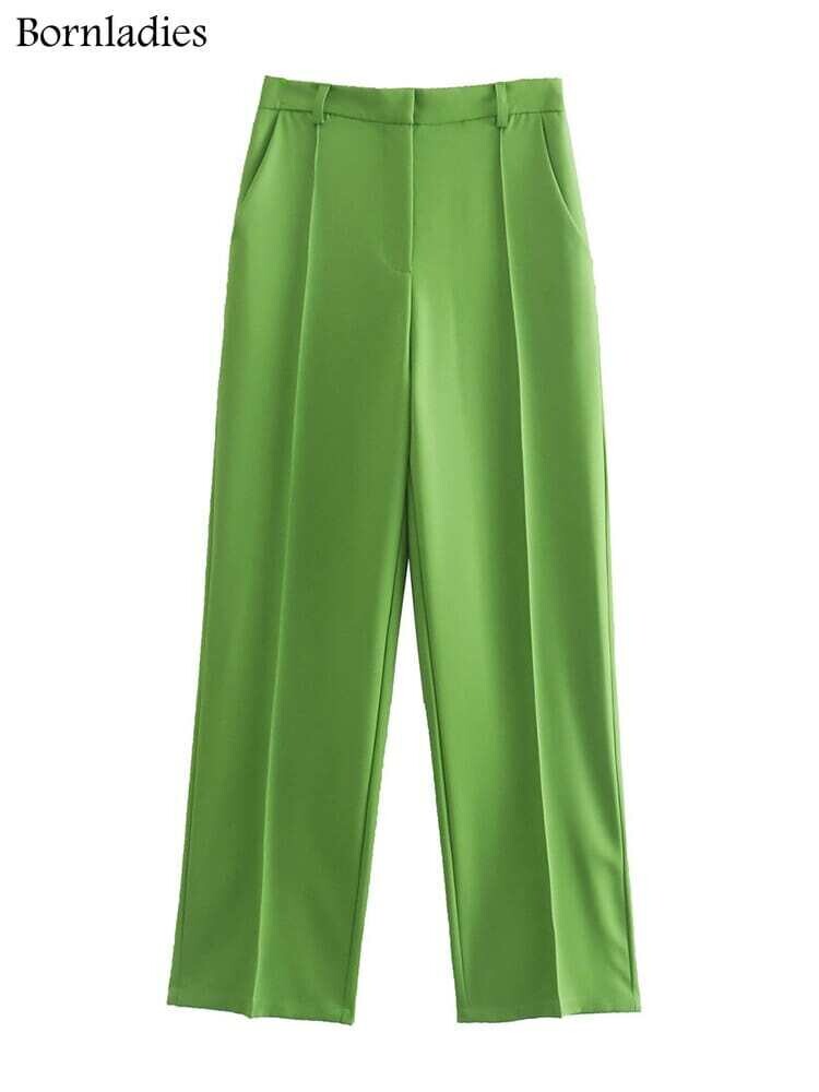 Bornladies Solid Women Pants High Waist Pleated Loose Fit Trousers Ladies Office Green Elegant Formal Trousers Female Autumn