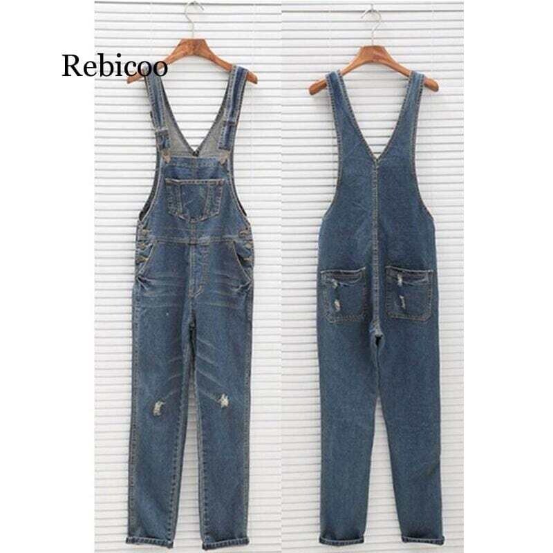 Women Washed Loose Denim Jean Jumpsuits Overalls Casual Streetwear Hip Pop Hole Ripped Jeans for Women Overalls Bib Pants