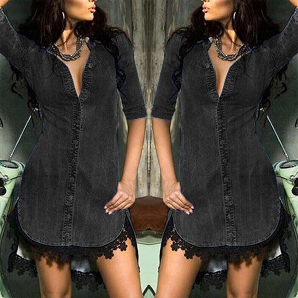 Women's Casual Office Dress V-Neck Denim Dress Single-Breasted Cowgirl Solid Shirt Five-Point Sleeve Lace