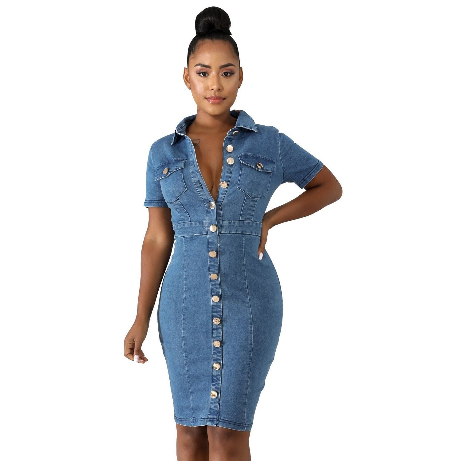 Women’s  Slim denim jean dress,  button scratched denim  slim fit dress