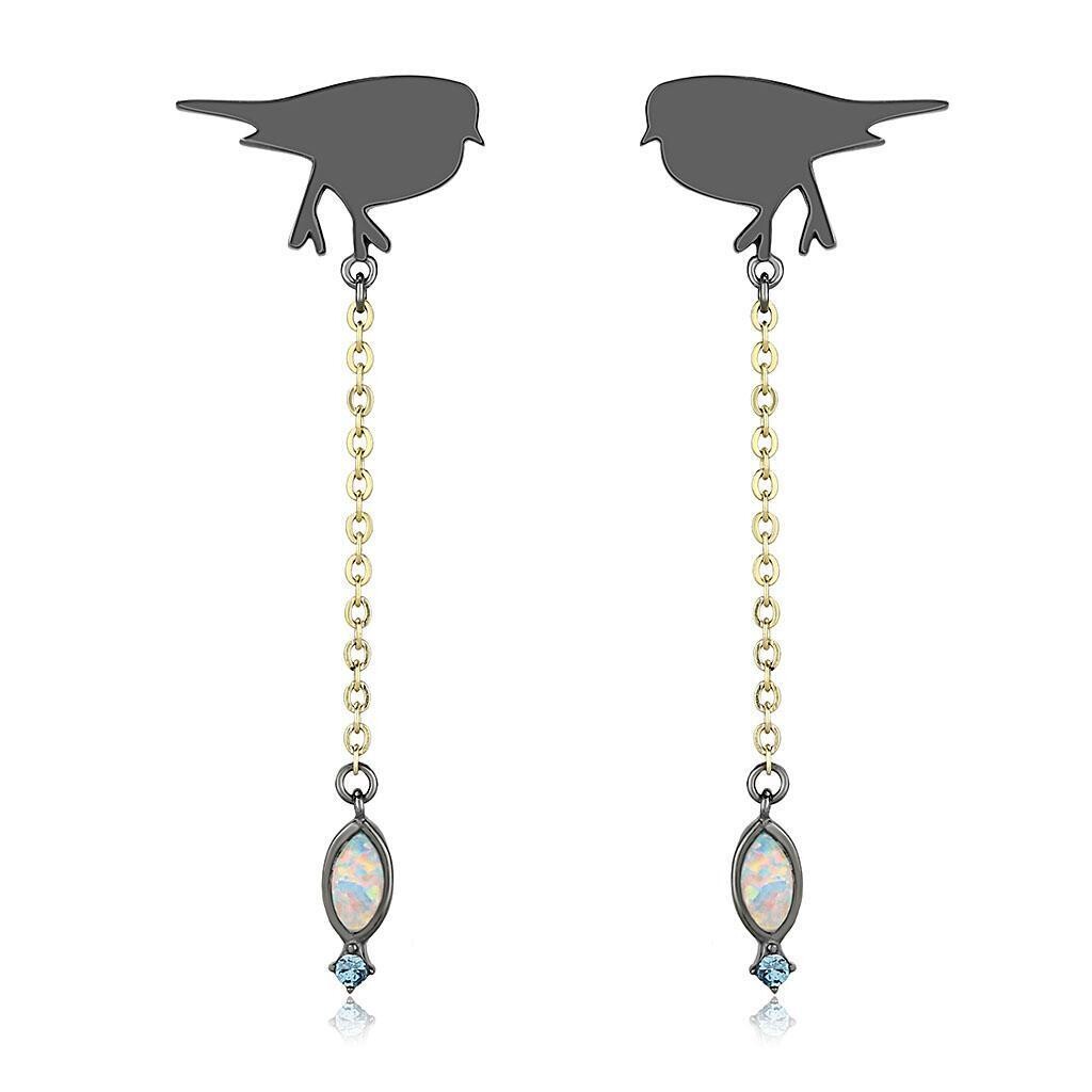 TK3098 - IP Gold+ IP Black (Ion Plating) Stainless Steel Earrings with Semi-Precious Opal in Aurora Borealis (Rainbow Effect)
