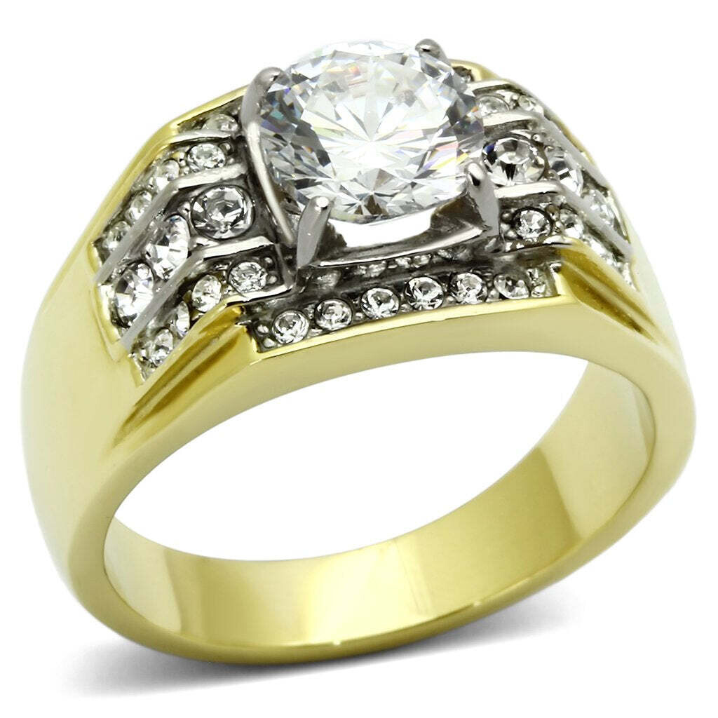 TK736 - Two-Tone IP Gold (Ion Plating) Stainless Steel Ring with AAA Grade CZ  in Clear