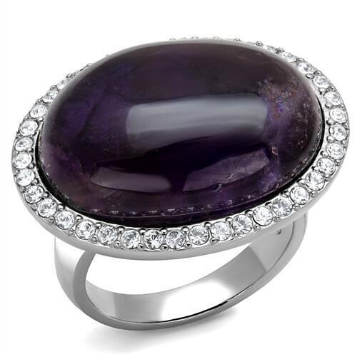 TK3083 - High polished (no plating) Stainless Steel Ring with Semi-Precious Amethyst Crystal in Amethyst
